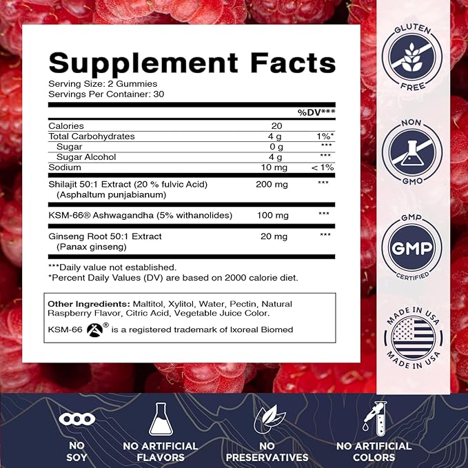 Vitamatic Shilajit with KSM-66® Ashwagandha & Ginseng Extract Gummies – Natural Raspberry Flavor – 60 Vegan Gummies - Made in USA