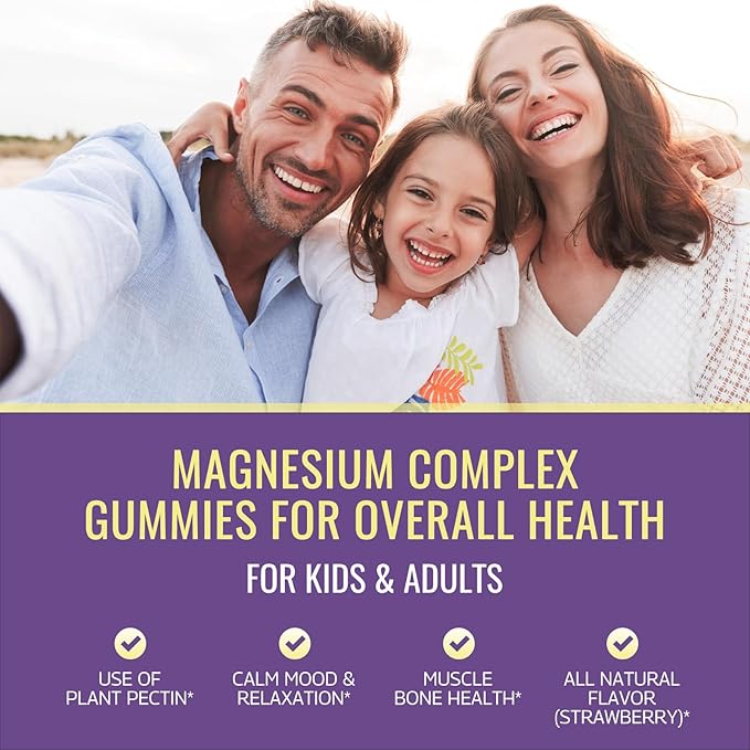 Magnesium Complex Gummies for Kids & Adults- Calm Chewable Gummies- Magnesium Glycinate, Taurate, Citrate, Malate, Supplement-Support Calm Stress Relief, Mood Vegan, Strawberry Flavor,120ct