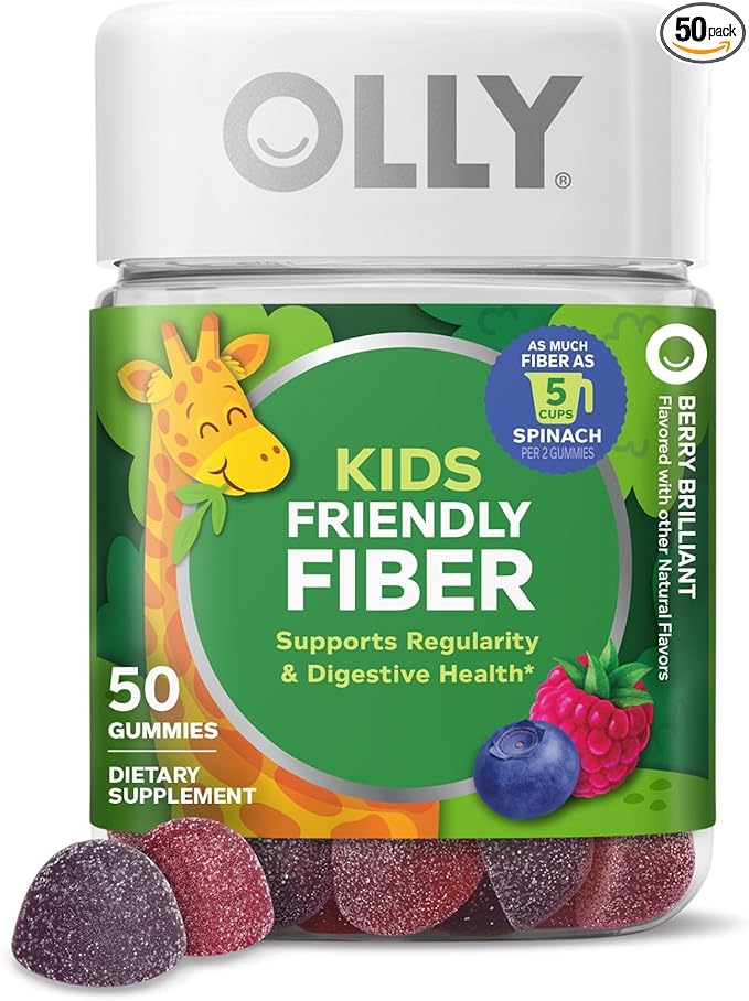 OLLY Kids Friendly Fiber Gummy, Digestion Support,* 3g Prebiotic Fiber FOS, Kids Chewable Supplement, Berry Brilliant Flavored, 25 Day Supply - 50 Count