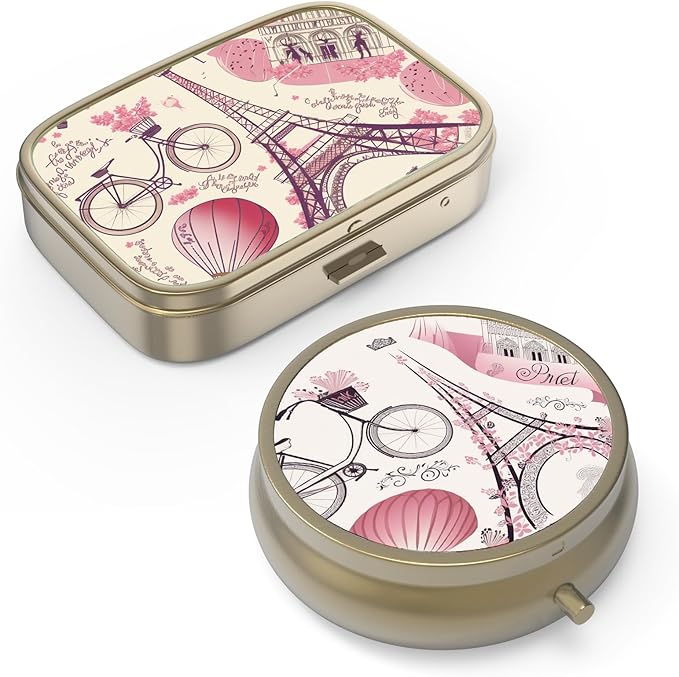 Pill Case Pill Box with Mirror Retro Small Pill Case for Purse or Pocket Bronze Pill Box or Vitamins, Fish Oil, Supplements, Pill Containe Travel Gifts（2PCS）