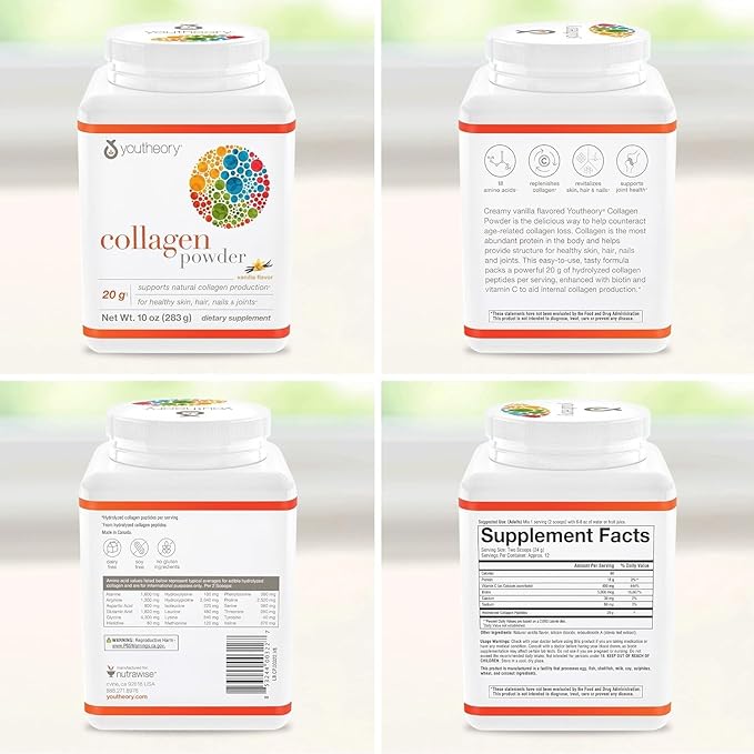 Youtheory Collagen Powder - Hydrolyzed Collagen Peptides with Vitamin C - Supports Healthy Bones, Joints & Immune System* - Vanilla - 10 oz (12 Servings)