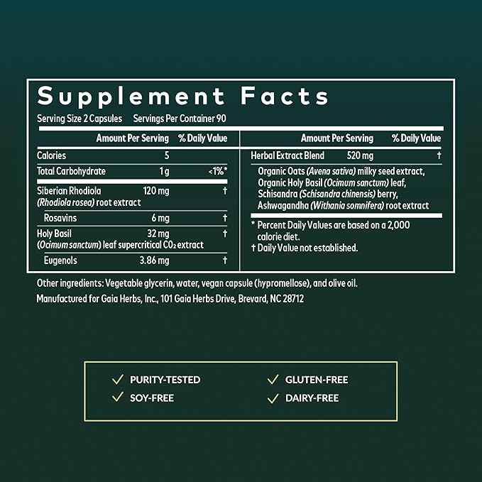Gaia Herbs Adrenal Health Daily Support - Herbal Supplement with Ashwagandha, Holy Basil & Schisandra - Help Maintain Healthy Energy & Stress Levels* - 180 Vegan Liquid Phyto-Caps (90 Servings)