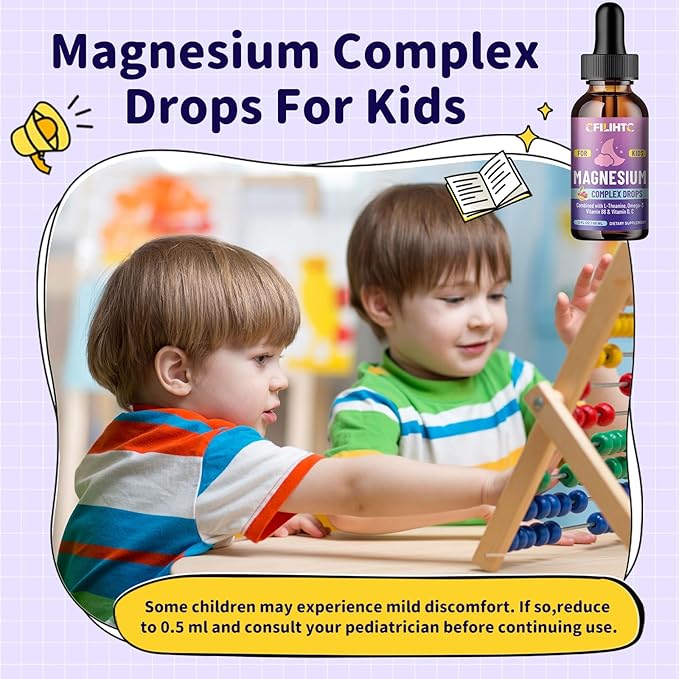 Kids Magnesium Liquid Drops-Magnesium Glycinate Liquid for Kids Supplement-w/L-theanine, Omega-3, Vitamin B6, D3 - for Sleep, Relaxation, Brain, Bones - Cherry Flavor, 2 Fl Oz