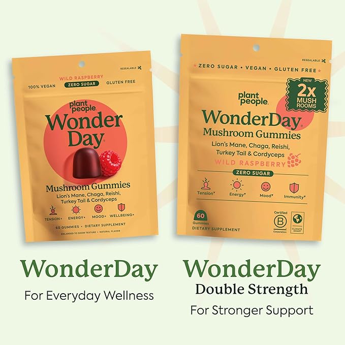 WonderDay Extra Strength Mushroom Gummies – Sugar Free Lion’s Mane, Cordyceps, Reishi & Chaga Supplement for Adults – Mood Boost, Energy, Focus, Immune Support & Gut Health – Vegan, Non-GMO (60 Count)