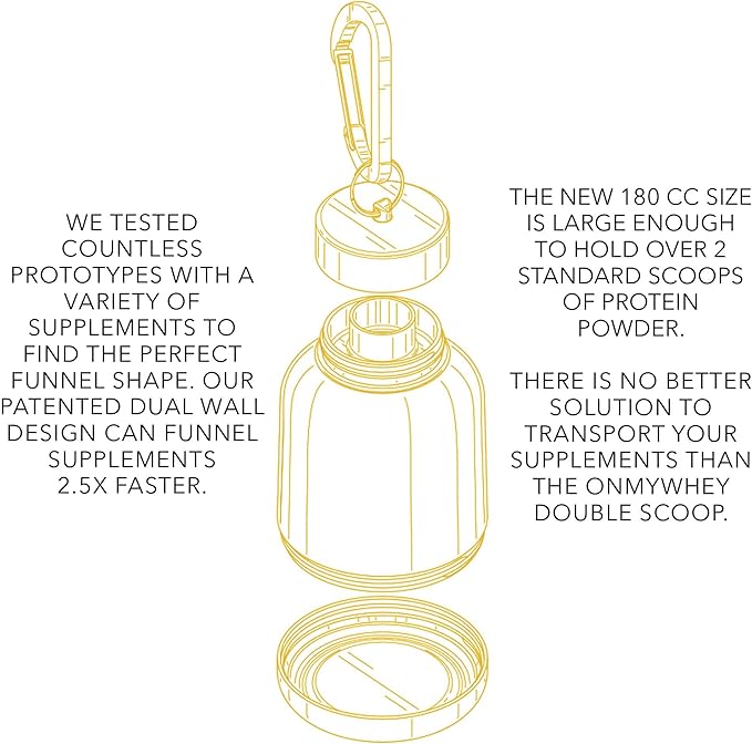 ONMYWHEY Protein Powder Container to Go - Travel Water Bottle Funnel for Mixes, Portable Pre Workout Supplement Containers & Dispenser Funnels, Mini Preworkout Supplements Holder Keychain Bottles