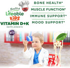 Lifeable Kids Vitamin D3 K2 Gummies | 500iu D3 and K2 100mcg | Great Tasting D3 and K2 Supplements | for Bone Health and Immunity | VIT D3 K2 for Kids | 60 Gummies