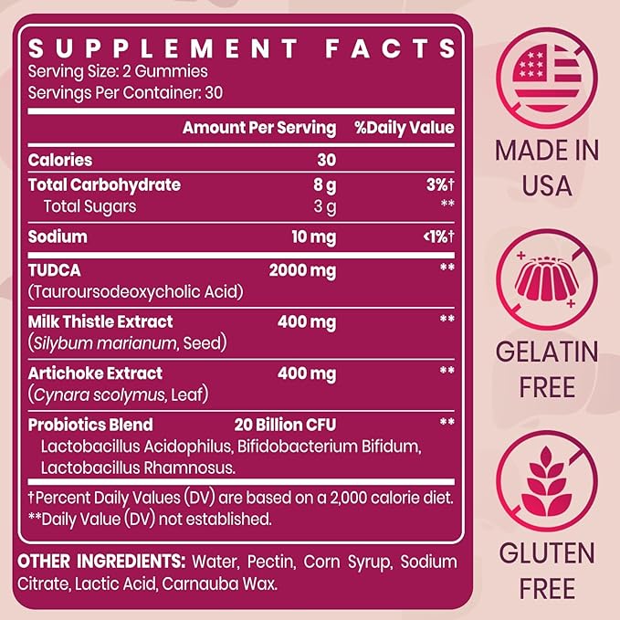 Premium TUDCA Bile Salts Gummies - 2000mg High Potency Liver Support Supplement, Liver Detox & Repair with Milk Thistle, Artichoke, Probiotics - Vegan, 60 Servings