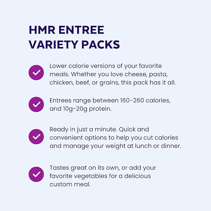 HMR Variety Entrée Packs |Pre-packaged Lunch or Dinner to Support Weight Loss| Ready to Eat Meals |10-20 grams of Protein per Entrée | Low Calorie Food | 7-8oz Servings per Meal (8 Ounce (Pack of 17))