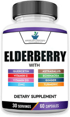 American Standard Supplements Elderberry Extract with Quercetin, Vitamin C, D3, Ginger, Zinc, Turmeric, Astragalus and Echinacea – 60 Capsules, 30 Servings