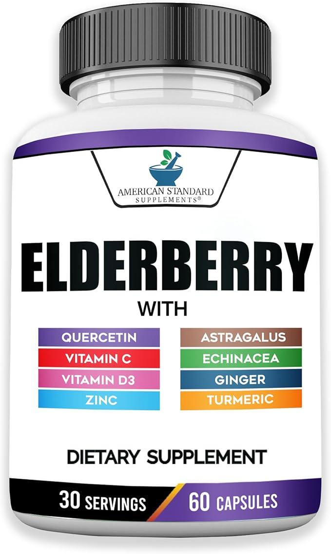 American Standard Supplements Elderberry Extract with Quercetin, Vitamin C, D3, Ginger, Zinc, Turmeric, Astragalus and Echinacea – 60 Capsules, 30 Servings