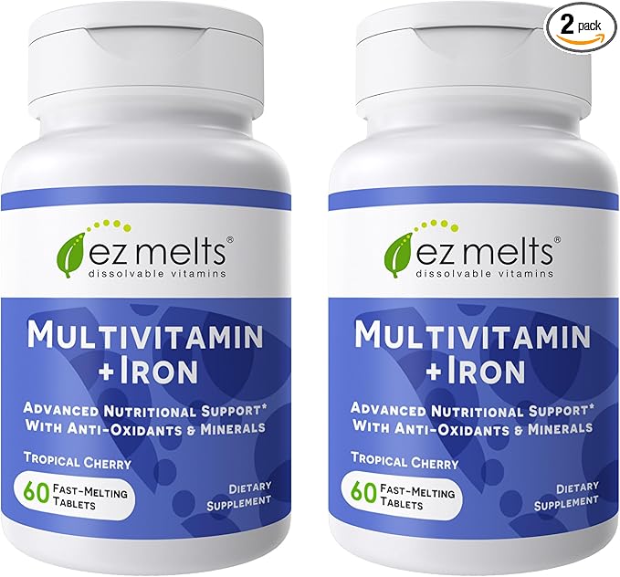 EZ Melts Multivitamin + Iron - Daily Multivitamin for Women & Men - Supports Healthy Energy Levels & Antioxidant Protection - Non-GMO & Vegan - Tropical Cherry - 120 Dissolvable Tablets (60 Servings)