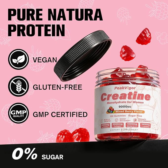 12 IN 1 Creatine Monohydrate Gummies Complex 9000mg for Women and Men，Creatine Gummies for Women with L-Carnitine，Taurine，Collagen，Vitamin C& B12，Sugar Free & Vegan，120 Gummy，Mixed Berry Flavor