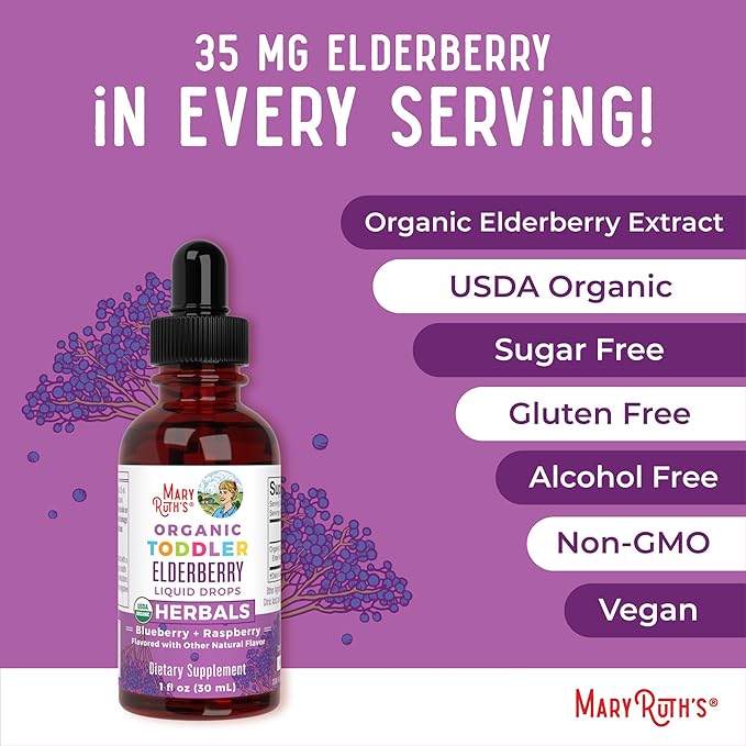 MARYRUTH'S Toddler Elderberry Syrup, USDA Organic Elderberry, Sugar Free Kids Immune Support Supplement for Ages 1-3 Years, Clean Label Project Verified®, Vegan, Non-GMO, Gluten Free, 1 Fl Oz