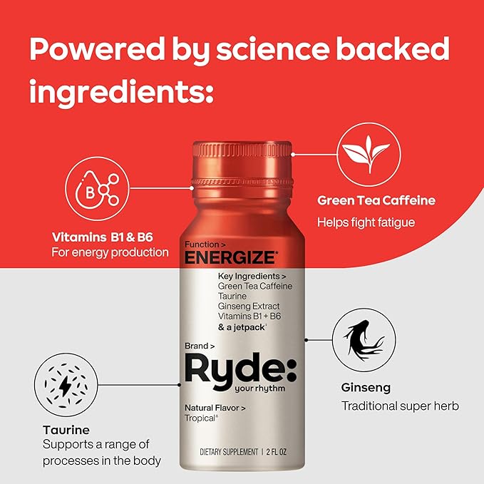 Ryde: Discovery Pack | Energize, Focus & Relax Shots | Green Tea Caffeine, Taurine, Ginseng, B Vitamins, L-Theanine, Lemon Balm, Chamomile | 0 Calories, 0 Sugar | Variety Pack – Try Them All (24 Pack)