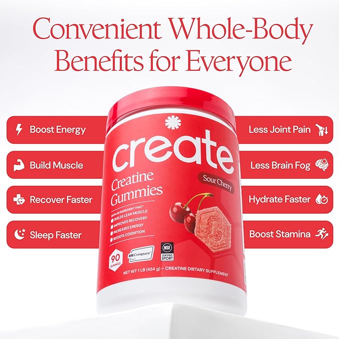 Create Creatine Monohydrate Gummies for Men & Women, Boost Focus, Strength, and Endurance, Anti-Melting Formula, Vegan, Gluten-Free, Non-GMO, 1.5g of Creatine per Gummy (Sour Cherry)