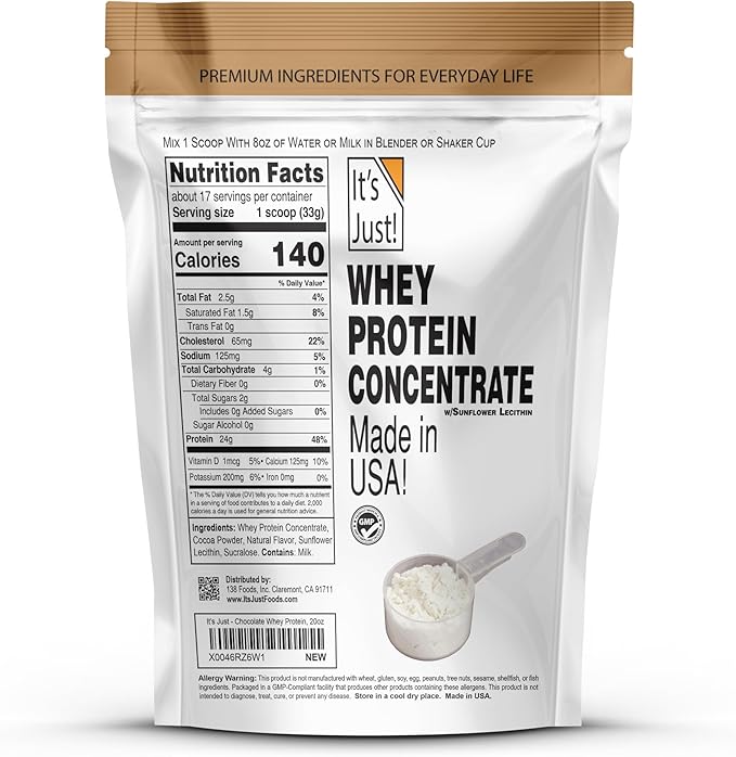 It's Just! - 100% Whey Protein Concentrate, Made in USA, Premium WPC-80, Natural Cocoa Powder (1.25 Pound, Chocolate)