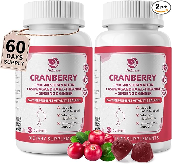 Lukaree 2 Pack Cranberry Gummies for Women – Cranberry Complex with D-Mannose, Ashwagandha, Magnesium, Ginseng – Urinary Tract, Mood & Energy Support – Daytime Vitality Supplement – 120 Count