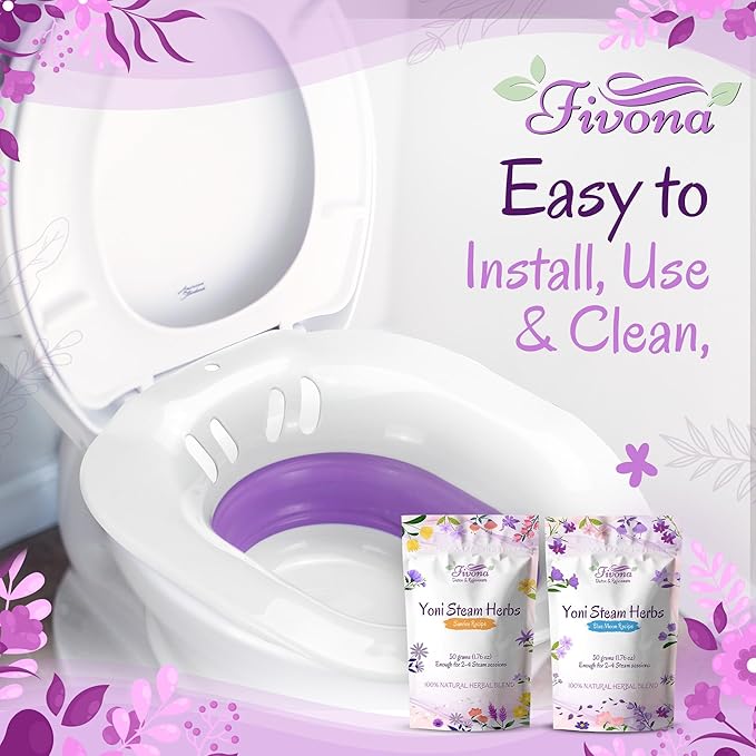 Fivona Yoni Steam Kit 3-in-1 Complete Set of Over the Toilet Foldable Steamer Seat with 1 Pack of Blue Moon and 1 Pack of Sunrise Yoni Steaming Herbs