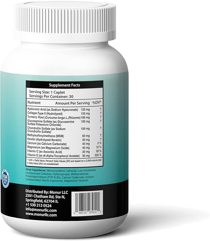 Hyaluronic Acid Supplement, Natural Skin Hydration, Advanced Joint Support and Mobility Booster, Type II Hydrolyzed Collagen, Turmeric, Glucosamine, Chondroitin, 30Caplets