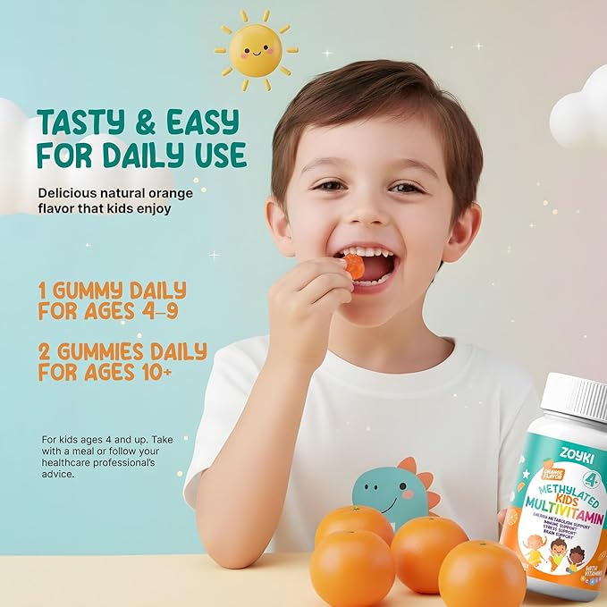 Methylated Multivitamin Gummies for Kids - Children’s MTHFR Support Supplement with B Complex 5-MTHF Folate (L-Methylfolate) B1 B3 B6 B12 Biotin Vitamins A C D3 E - Vegan Gluten-Free Sugar-Free