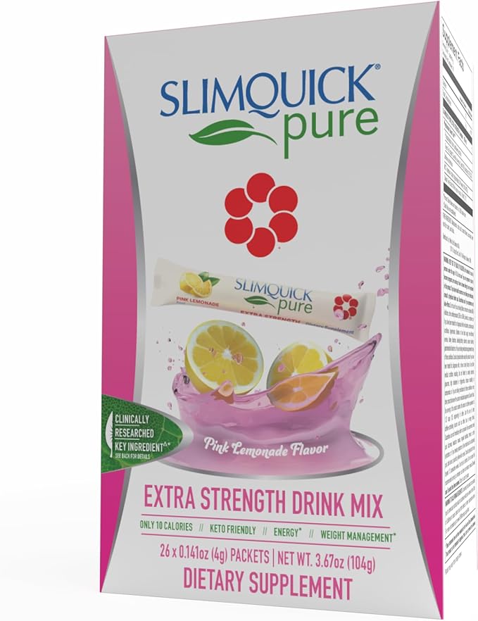 SlimQuick Pure 3X Extra Strength Drink Mix Packets, Metabolism & Weight Management for Women, Helps in Fat Breakdown, with Green Tea, Caffeine, Chaste Tree, Rhodiola Extract - Pink Lemonade, 26 Count