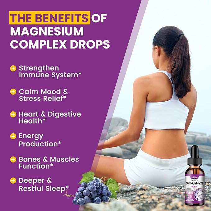 Liquid Magnesium Glycinate Supplement 1000mg, Calm Magnesium Citrate, Taurate Drops with Omega 3, Zinc, Ashwagandha, L-Theanine, Chamomile for Sleep, Mood, Stress Relief, Bone, Muscle, Grape Flavor