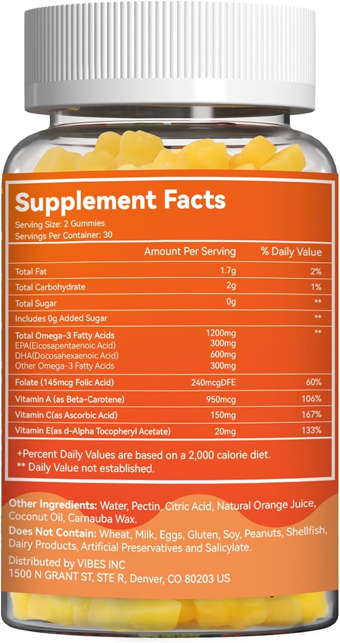 Omega-3 Gummies Vegan 1200mg, EPA and DHA Omega-3 Fatty Acids with Folate, Vitamin A, Vitamins C & E, High Potency Omega 3 Supplements for Immune Support, 60 Count