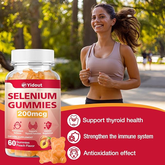 Selenium Supplement for Thyroid Support Gummies 200mcg as Energy Booster for Women and Men, Peach Flavor (60 Count（Pack of 2)