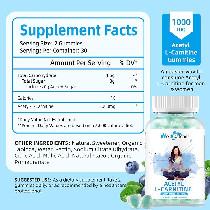 Acetyl L-Carnitine Supplement 1000MG Gummies - Sugar Free Alcar L-Carnitine Gummies for Men Women Support Muscle Endurance Brain Health Energy Metabolism - Vegan Non-GMO Blueberry Flavored 60CT