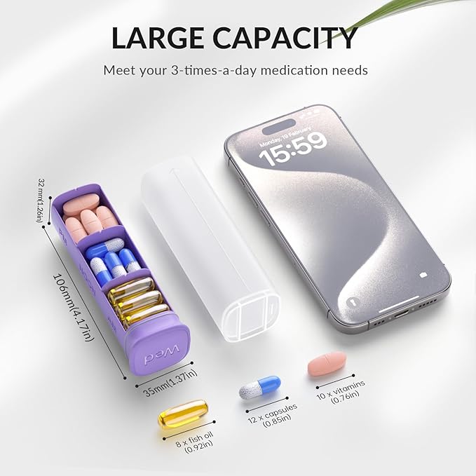 KOVIUU Weekly Pill Organizer 3X a Day, Detachable Pill Box 7 Day, Large 3 Times Daily Pill Case, Travel Pill Container Holder, Week Medication Dispenser Pillbox for Vitamin Supplement Medicine, Purple
