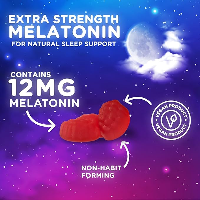 Melatonin Sleep Gummies - 12mg Per Serving - Extra Strength Sleep Support Melatonin Gummy for Adults - Vegan Sleeping Gummy Supplement to Support Restful Sleep - Tasty Berry Flavor - 60 Gummies