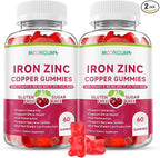 Iron, Zinc, Copper Supplements for Women & Men, Mineral Gummies with Vitamin A, B5, B6, C, D3, B12 for Adults, Kids, Promote Energy, Support Immunity, Bone Health, Sugar Free, Cherry Flavor, 120 Count