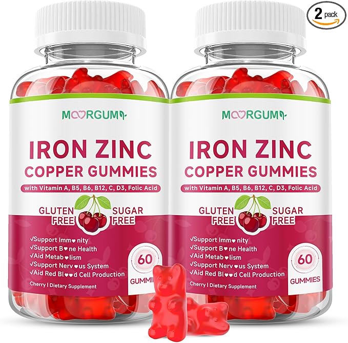 Iron, Zinc, Copper Supplements for Women & Men, Mineral Gummies with Vitamin A, B5, B6, C, D3, B12 for Adults, Kids, Promote Energy, Support Immunity, Bone Health, Sugar Free, Cherry Flavor, 120 Count