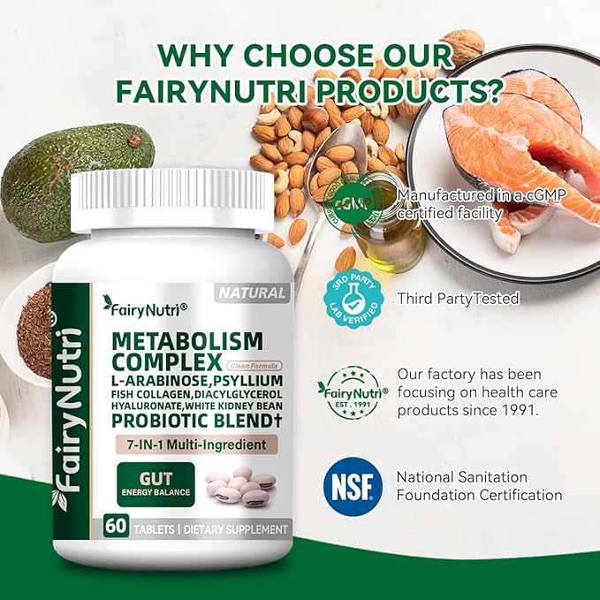 L-Arabinose 7-in-1 Metabolism Supplement | White Kidney Bean Extract, Collagen & Probiotics | Carb Block, Gut Balance & Skin Glow Support | cGMP & NSF - 60 Tablets