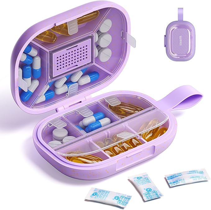 Travel Pill Organizer, Daily Pill Box 8-10 Compartments Adjustable, 7 Day Weekly Label Small Pill Case, Portable Medicine Container Moisture Proof Vitamin Supplement for Pocket Purse-Purple
