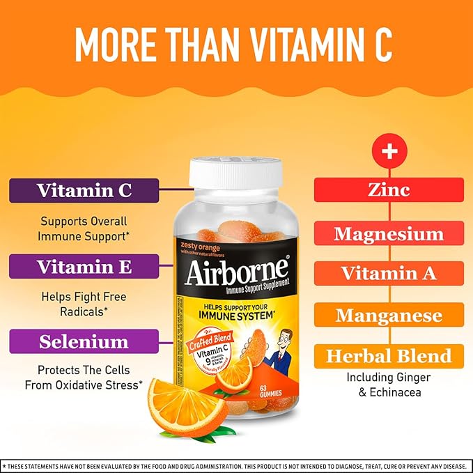 Airborne 750mg Vitamin C Immune Support Supplement Gummies for Adults, Zesty Orange Flavor, Gluten Free Crafted Blend with Powerful Antioxidants Vitamins A C & E, 63 Gummies (3 Pack)