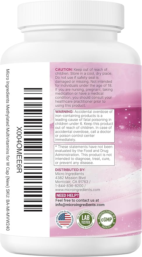 Micro Ingredients Pure Methylated Multivitamin for Women, 240 Capsules | 32-in-1 Formula with Vitamin B, C, D + Iron, Methylfolate & More | Supports Women 's Daily Wellness | Filler Free, Non-GMO