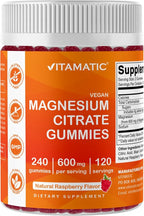 Vitamatic Magnesium Citrate Gummies 600mg per Serving - 240 Vegan Gummies - Natural Raspberry Flavor - High Absorption Magnesium Supplement - Supports Nerve, Bone and Muscle Health