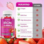 Iron Supplement Gummies for Women & Men, Vegan Iron Gummies with Vitamin C, A, B-Complex, Folate, Zinc for Blood Building & Energy Support, Strawberry Flavor, 60 Count