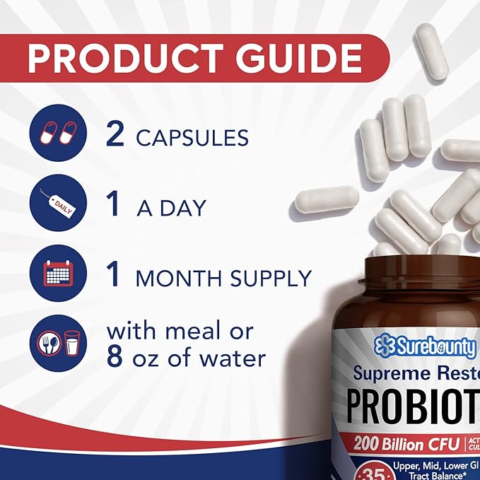 Probiotic for Men & Women, 200 Billion CFU 35 Strains, Prebiotics + Digestive Enzymes, Supreme Restore Probiotic Supplement, 60 Veggie Capsules