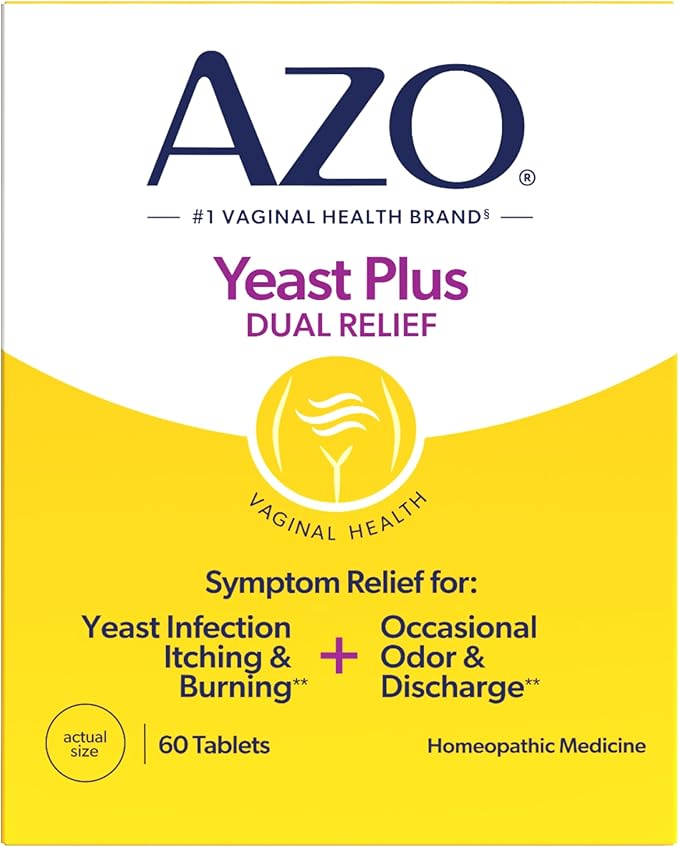 AZO Yeast Plus Dual Relief Tablets, Yeast Infection and Vaginal Symptom Relief, Relieves Vaginal Itching & Burning, 60 Count