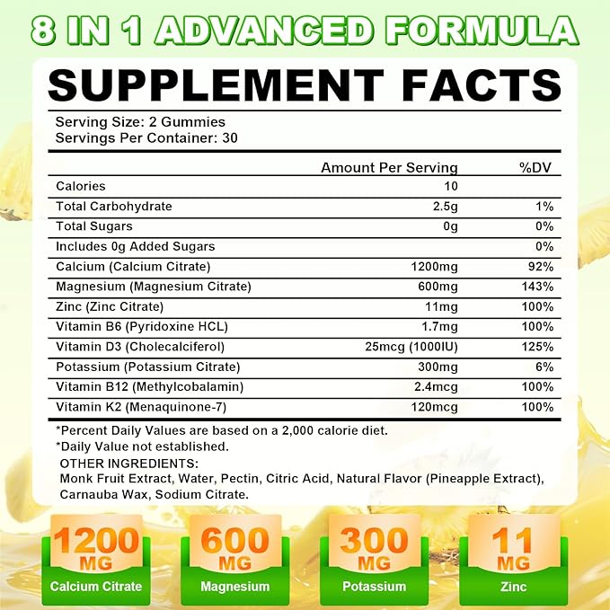 Calcium Citrate Gummies - Chewable Calcium Gummies for Bone, Muscle, Teeth, Immune Support, High Absorption Calcium Supplements for Women & Men Sugar Free Pineapple Flavor 120 Count