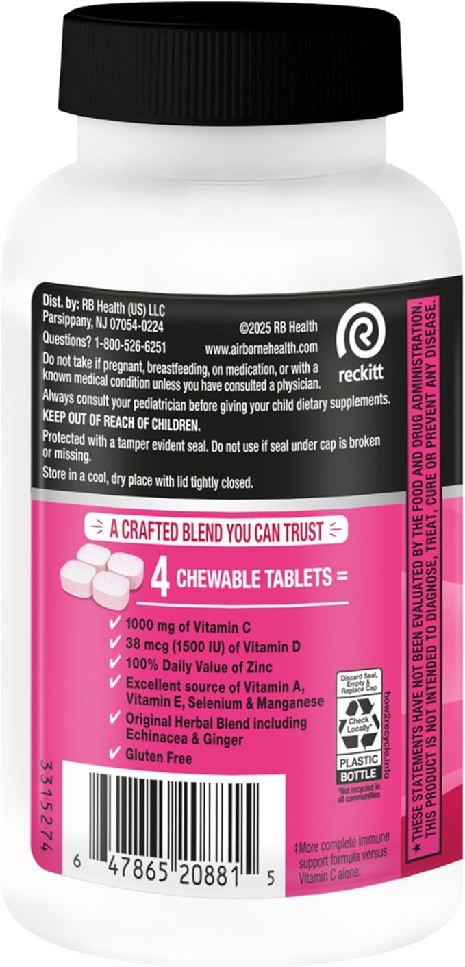 Airborne Vitamin C 1000mg (per Serving) - Very Berry Chewable Tablets (116 Count in a Bottle), Gluten-Free Immune Support Supplement, with Vitamins A C E, Zinc, Selenium, Ginger, Antioxidants