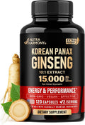 Panax Ginseng 15,000 mg - Red Korean Ginseng Supplement for Men - Extra Strength 10:1 Extract - Energy, Focus, Productivity & Performance - Natural & Vegan - Made in USA - 120 Capsules, 2 Month Supply