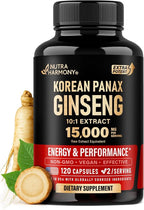 Panax Ginseng 15,000 mg - Red Korean Ginseng Supplement for Men - Extra Strength 10:1 Extract - Energy, Focus, Productivity & Performance - Natural & Vegan - Made in USA - 120 Capsules, 2 Month Supply
