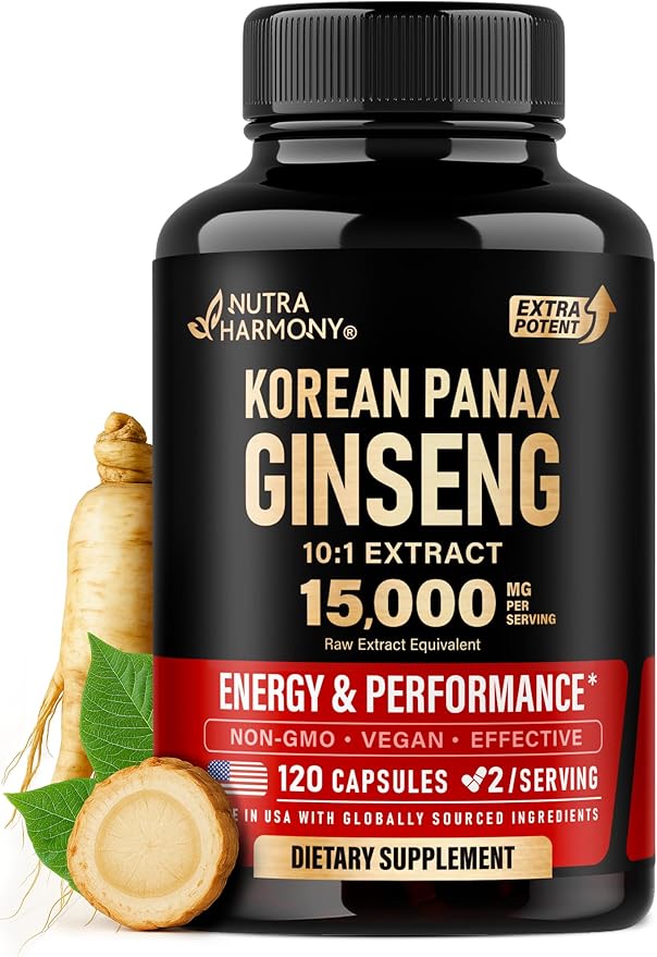 Panax Ginseng 15,000 mg - Red Korean Ginseng Supplement for Men - Extra Strength 10:1 Extract - Energy, Focus, Productivity & Performance - Natural & Vegan - Made in USA - 120 Capsules, 2 Month Supply