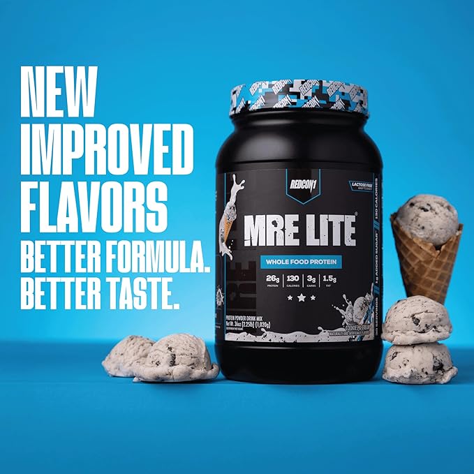 REDCON1 MRE LITE Whole Food Protein Powder, Cookies & Cream - Lactose Free Meal Replacement with Animal Protein Blends - Easy to Digest Formula - Only 3g Carb per Serving (30 Servings)