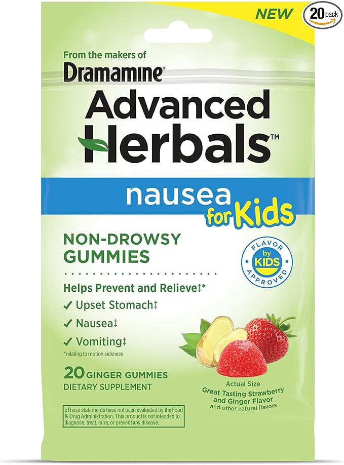 from The Makers of Dramamine, Advanced Herbals Kids Gummies, for Nausea Relief & Motion Sickness During Travel, Strawberry & Ginger Flavor, 20 Count