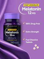 Carlyle Melatonin 12 mg Fast Dissolve 180 Tablets | Drug Free | Natural Berry Flavor | Vegetarian, Non-GMO, Gluten Free