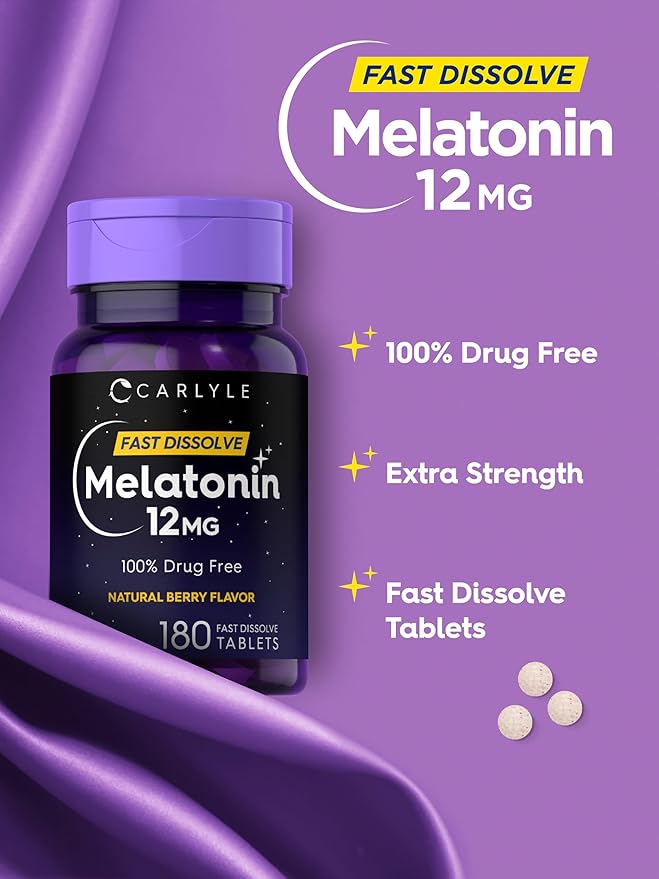 Carlyle Melatonin 12 mg Fast Dissolve 180 Tablets | Drug Free | Natural Berry Flavor | Vegetarian, Non-GMO, Gluten Free